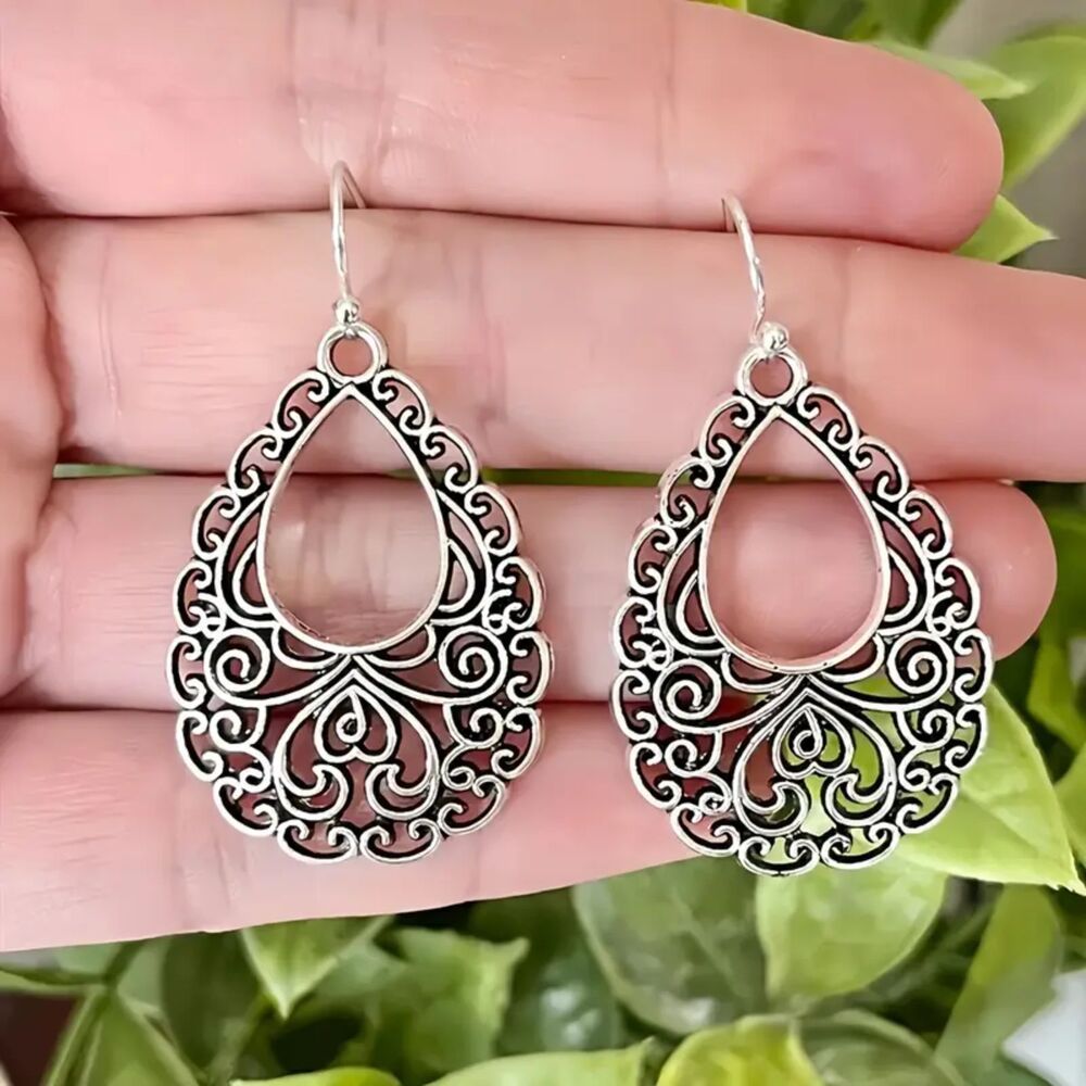 Silver Open Filigree Teardrop Dangle Earrings Drop Pendant Lightweight Charm New